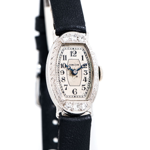 1928 Vintage Hamilton Ladies Sized Diamond Studded Watch w/ BOX in Solid 14k White Gold (# 14788)