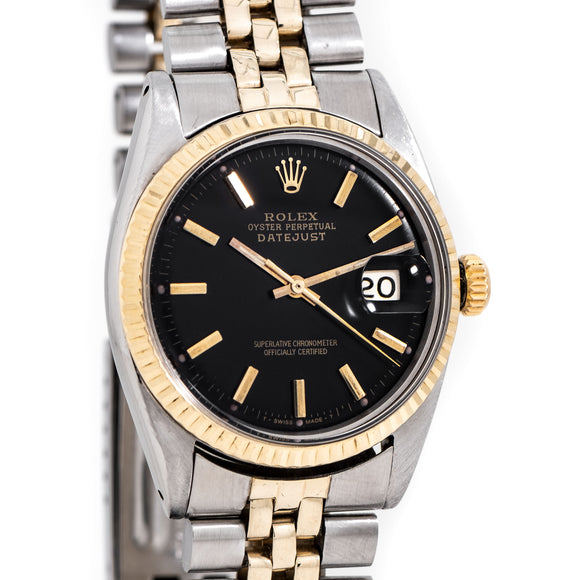 Sold - 1968 Vintage Rolex Datejust Ref. 1601 Black Gilt Dial Two-Tone in 14k Yellow Gold & Stainless Steel (# 14487)