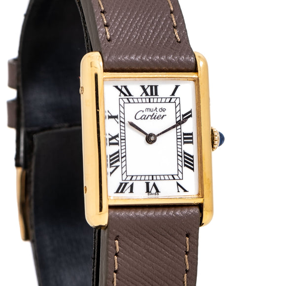 1990's Era Cartier Tank Must De 18k Yellow Gold Plated over Sterling Silver Watch (# 15513)