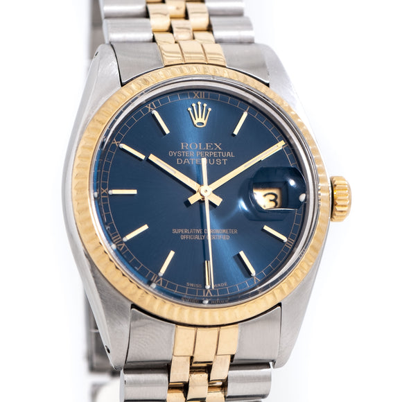 1979 Vintage Rolex Datejust Ref. 16013 Two-Tone Blue Gold Gilt Dial in 18k Yellow Gold & Stainless Steel (# 14765)