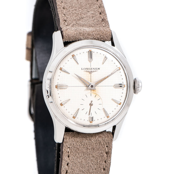 1956 Vintage Longines Ref. 785 Waffle Textured Dial Stainless Steel Watch (# 15543)