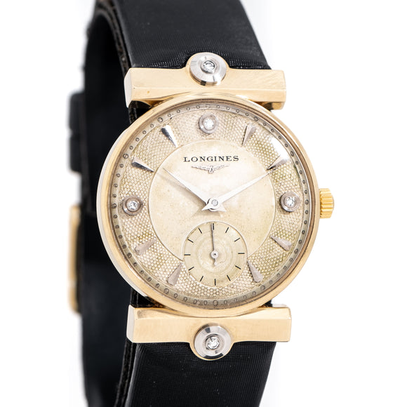 1951 Vintage Longines Guilloche Dial Watch in Solid 14k Yellow Gold and Diamonds (# 14832)