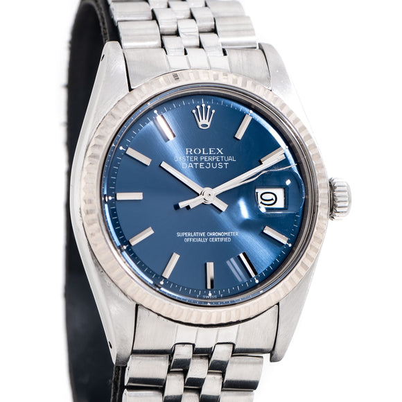 1972 Vintage Rolex Datejust Blue Dial Ref. 1601 in 14k White Gold & Stainless Steel (# 14846)