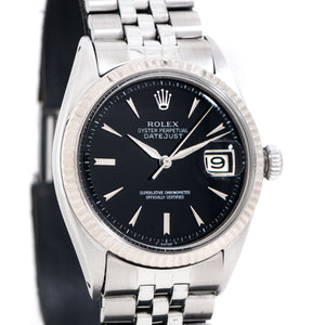 1968 Vintage Rolex Datejust Glossy Black No Lume Dial Ref. 1601 14k White Gold Fluted Bezel & Stainless Steel (# 14847)