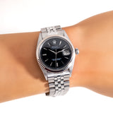 1968 Vintage Rolex Datejust Glossy Black No Lume Dial Ref. 1601 14k White Gold Fluted Bezel & Stainless Steel (# 14847)