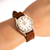 vintage omega constellation gold shell ww, wrist shot close up