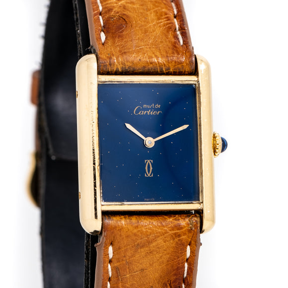 1990's Cartier Tank Must De Starry Night Dial with Box in 18k Yellow Gold Plated Sterling Silver (# 15015)