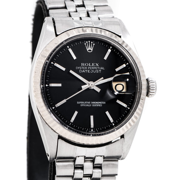 1964 Vintage Rolex Datejust Ref. 1601 Matte Black Dial, 14k White Gold & Stainless Steel Watch (# 15052)