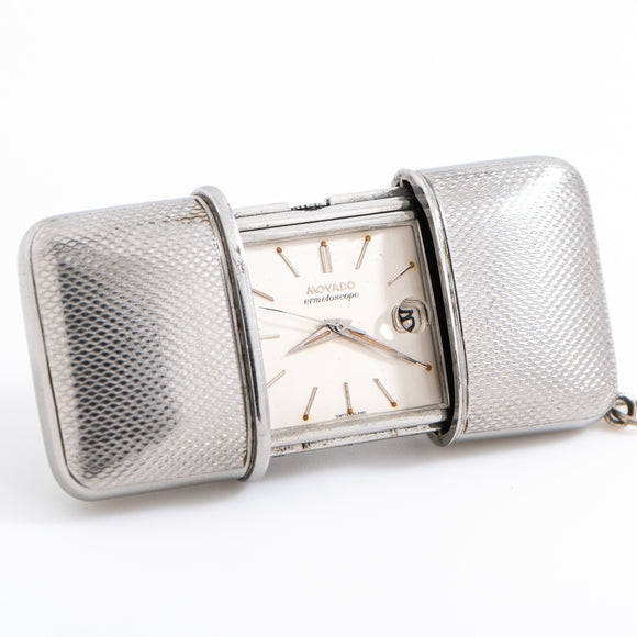 1960's Vintage Movado Ermetoscope Purse Clock in Stainless Steel (# 14681)