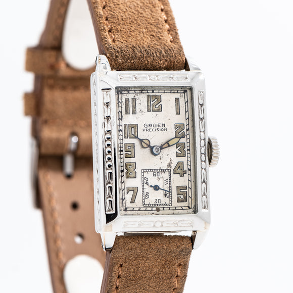 1925 Vintage Gruen Precision Rectangular Shaped 14k White Gold Filled Watch (# 14275)