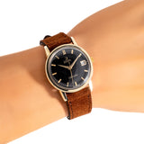 vintage omega seamster black dial ww, wrist shot close up