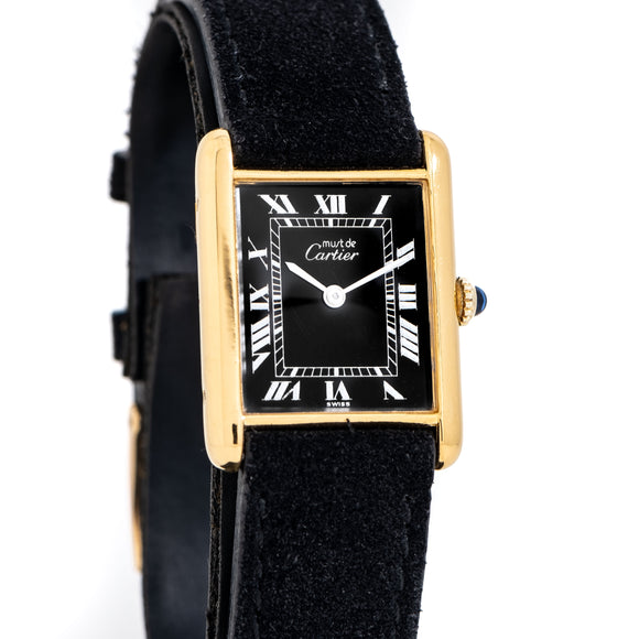 1990's Vintage Cartier Must De Black Dial Men's Sized 18k Yellow Gold Plated Watch over Sterling Silver (# 15123)