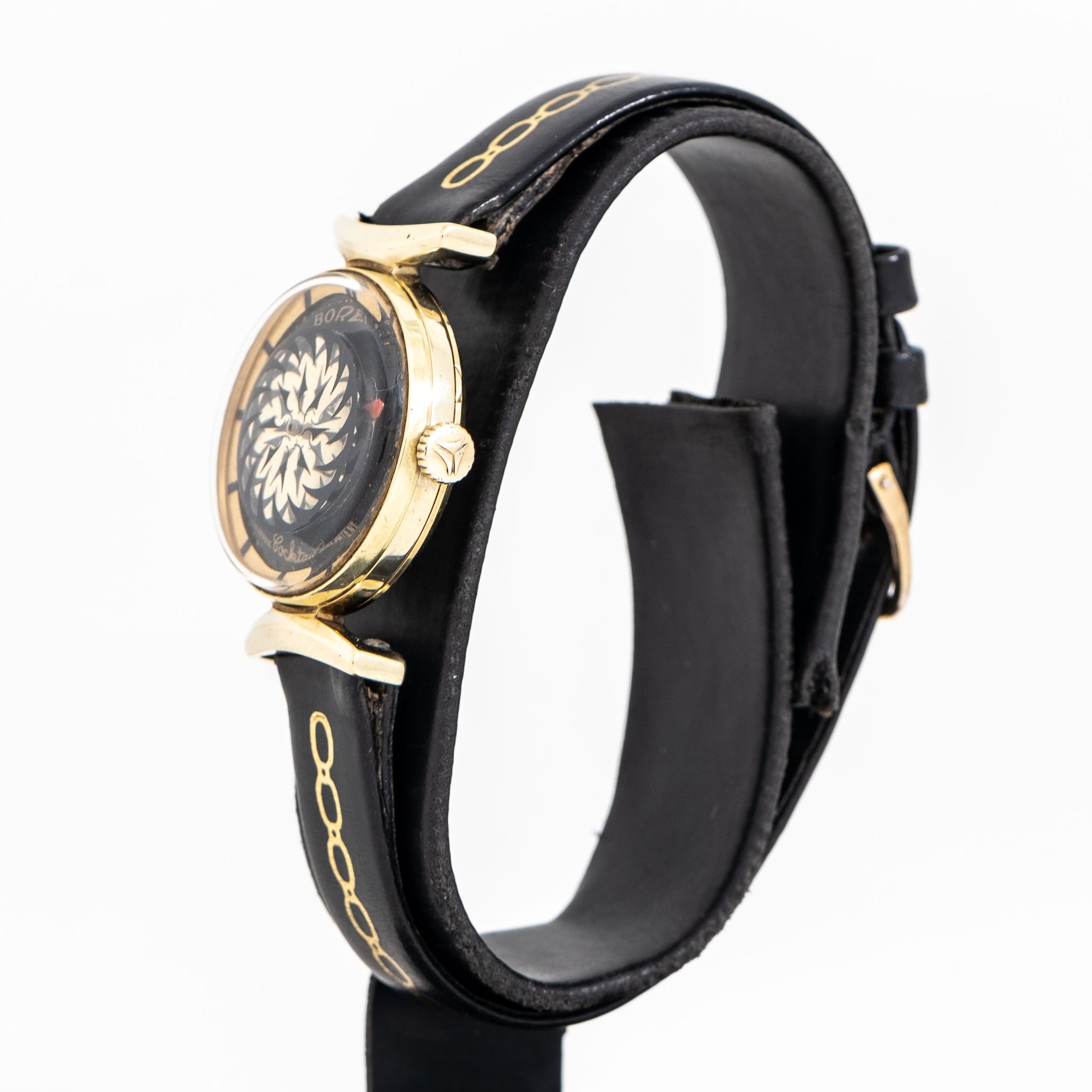 Borel Kaleidoscope Black Leather Band Watch with Gold Accents 1950s ERNEST BOREL Cocktail Watch Kaleidoscope Dial 26mm  main image 2