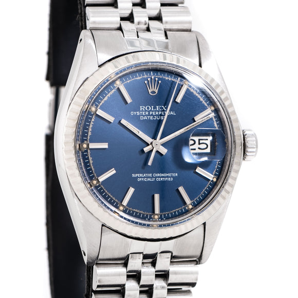 1973 Vintage Rolex Datejust Blue Dial Ref. 1601 in 14k White Gold & Stainless Steel (# 15173)