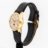 vintage longines yellow gold triple date moon phase, side view with crown