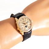 vintage longines yellow gold triple date moon phase, wrist shot close up