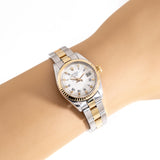 vintage two tone ladies rolex 26mm, buckley dial, wrist shot close up