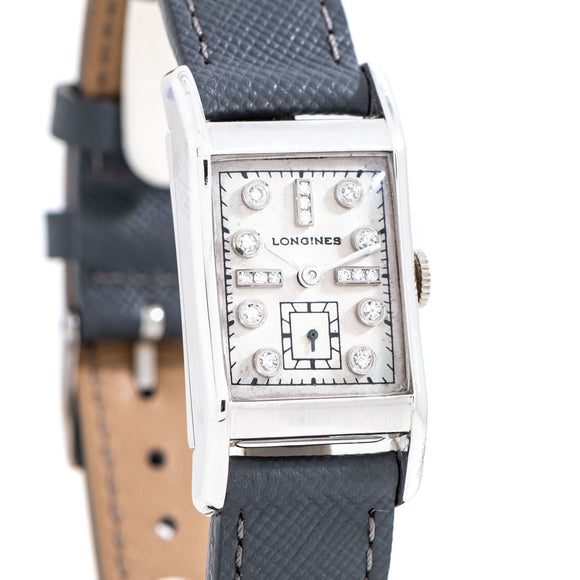 1949 Vintage Longines Rectangular Diamond Studded Dial in Solid 14k White Gold (# 14415)