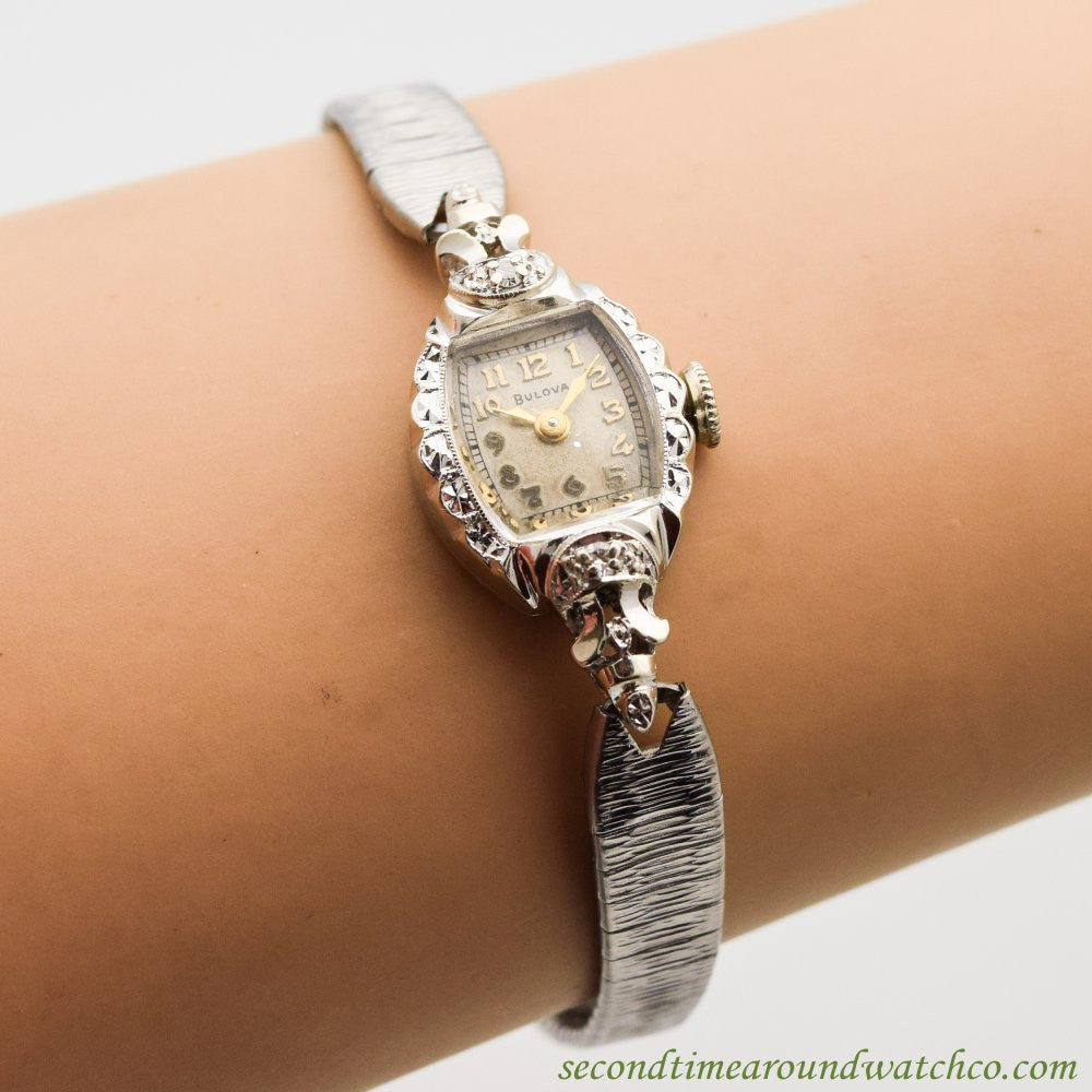 1950 s Vintage Bulova Ladies 14k Solid White Gold Watch 14504 Second Time Around Watch Company