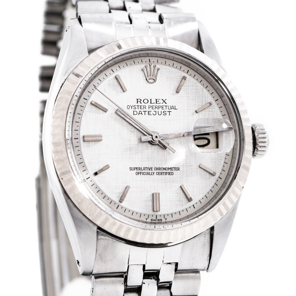 1962 Vintage Rolex Datejust Silver Linen Ref. 1601 in 14k White Gold & Stainless Steel ( #14196)